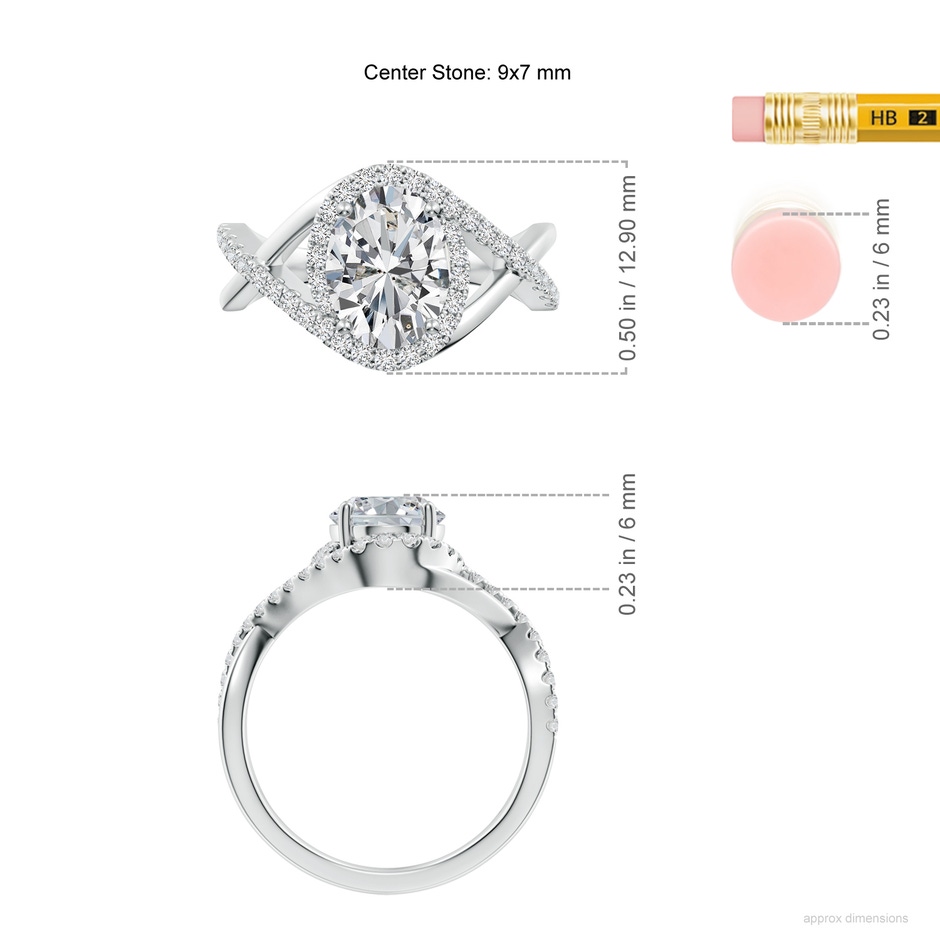 9x7mm HSI2 Oval Diamond Criss Cross Shank Engagement Ring with Accents in White Gold ruler