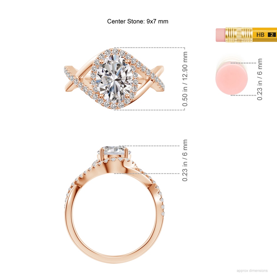 9x7mm IJI1I2 Oval Diamond Criss Cross Shank Engagement Ring with Accents in 18K Rose Gold ruler