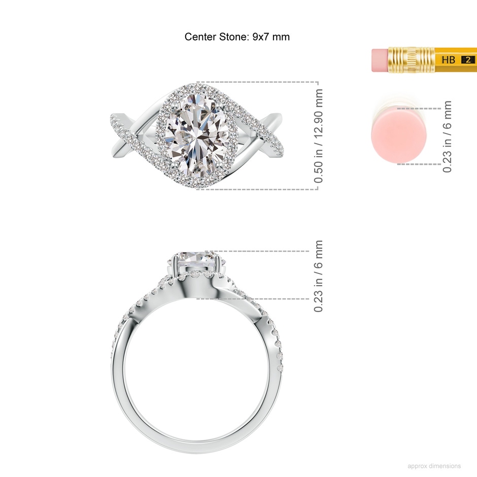 9x7mm IJI1I2 Oval Diamond Criss Cross Shank Engagement Ring with Accents in White Gold ruler