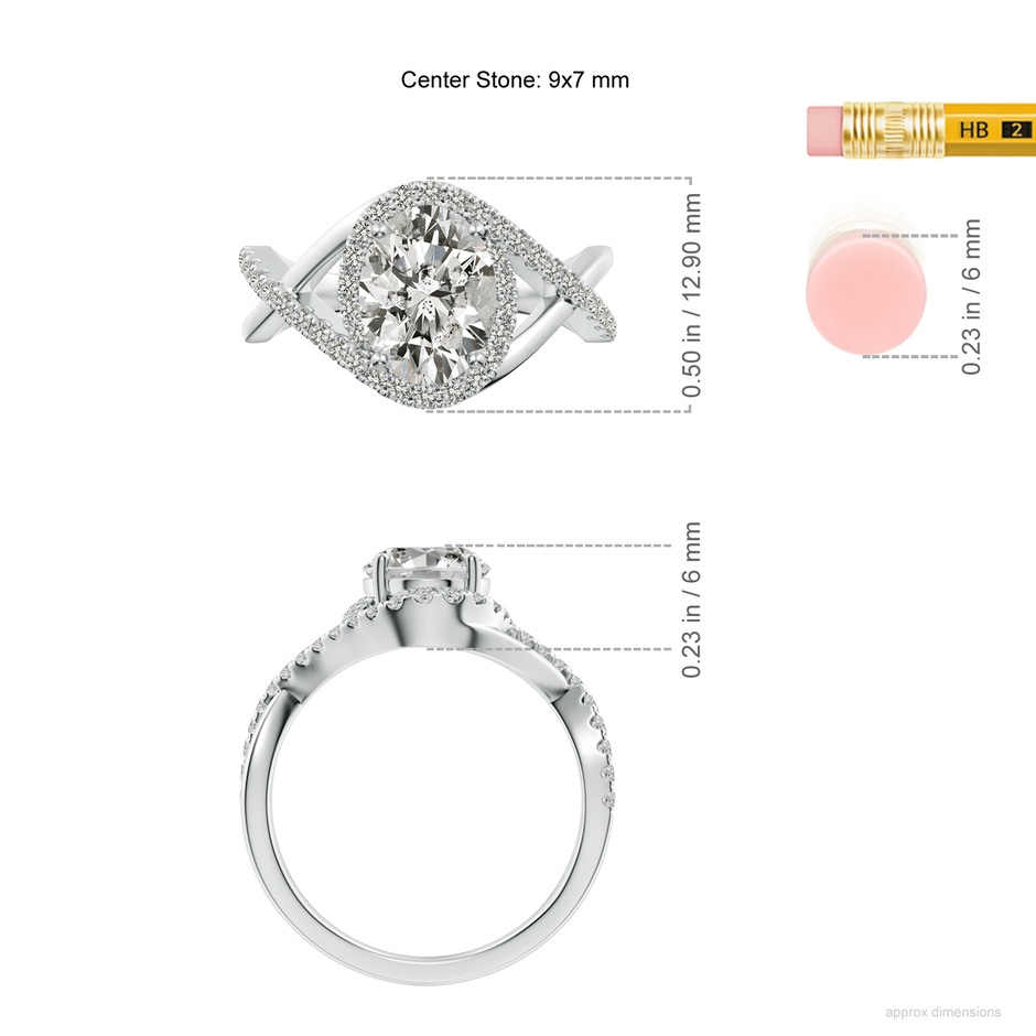 9x7mm KI3 Oval Diamond Criss Cross Shank Engagement Ring with Accents in P950 Platinum ruler
