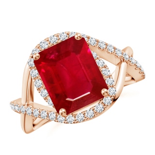 10x8mm AAA Emerald-Cut Ruby Criss Cross Shank Engagement Ring with Accents in Rose Gold