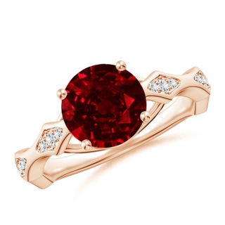 8mm AAAA Round Ruby Wavy Shank Engagement Ring with Accents in Rose Gold