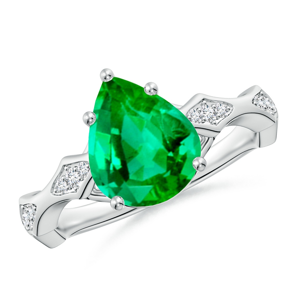 10x8mm AAA Inverted Pear Emerald Wavy Shank Engagement Ring with Accents in White Gold