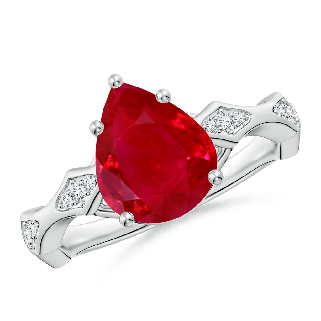 10x8mm AAA Inverted Pear Ruby Wavy Shank Engagement Ring with Accents in White Gold