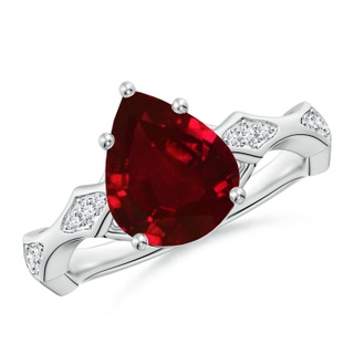 10x8mm AAAA Inverted Pear Ruby Wavy Shank Engagement Ring with Accents in P950 Platinum
