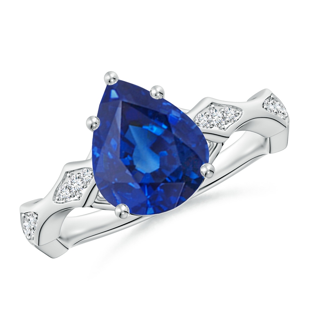 10x8mm AAA Inverted Pear Blue Sapphire Wavy Shank Engagement Ring with Accents in White Gold