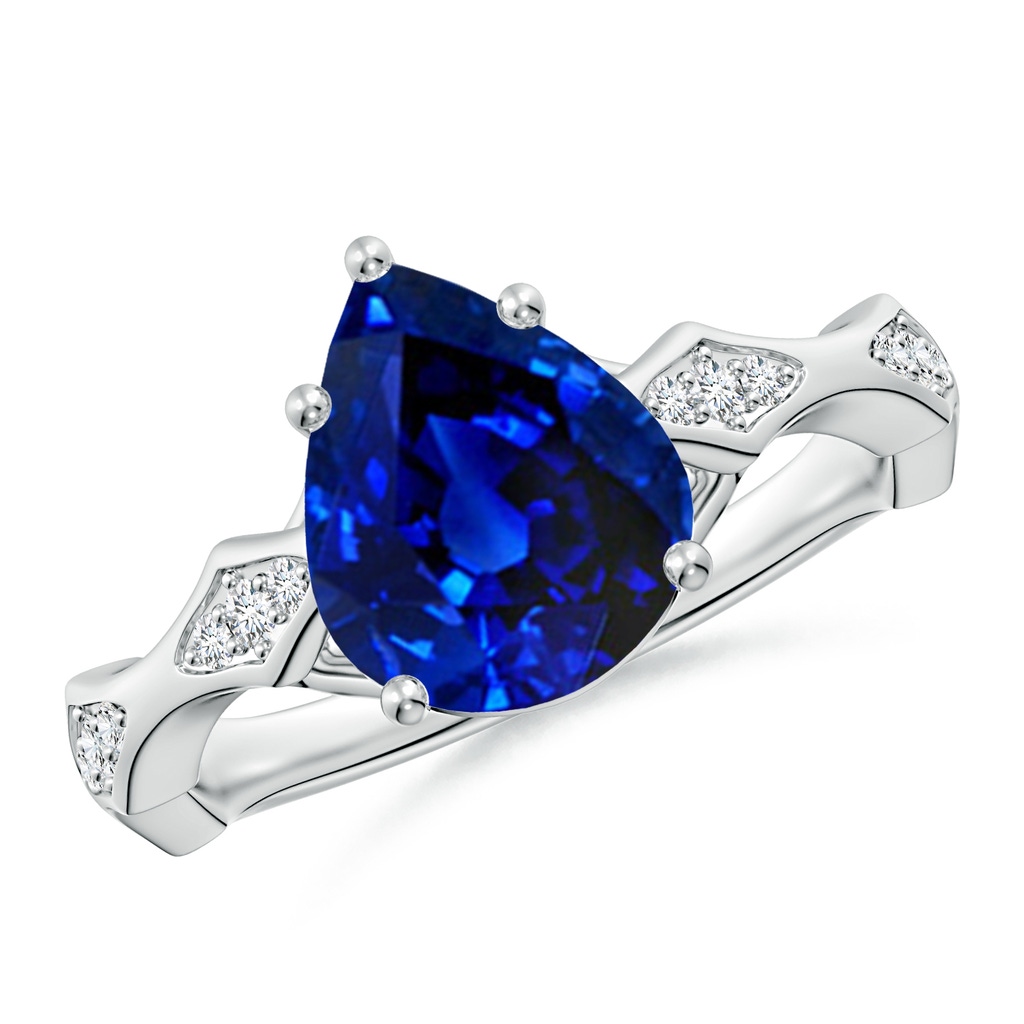 10x8mm Lab-Grown Inverted Pear Blue Sapphire Wavy Shank Engagement Ring with Accents in White Gold