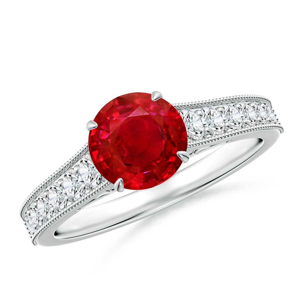 7mm AAA Vintage Inspired Round Ruby Engagement Ring with Milgrain in White Gold