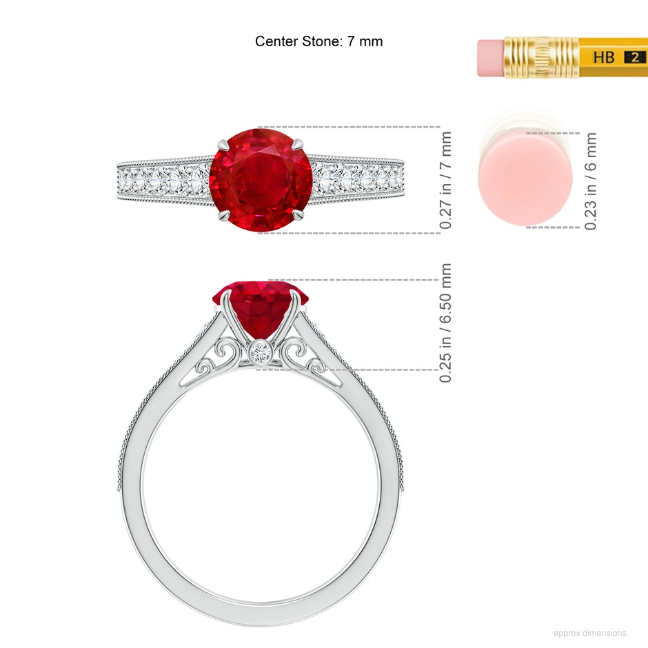 7mm AAA Vintage Inspired Round Ruby Engagement Ring with Milgrain in White Gold ruler