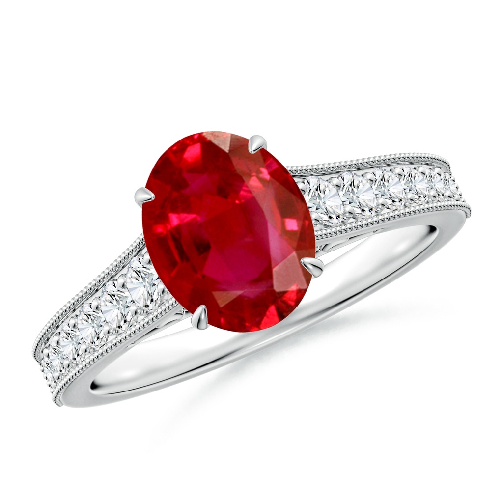 9x7mm AAA Vintage Inspired Oval Ruby Engagement Ring with Milgrain in White Gold