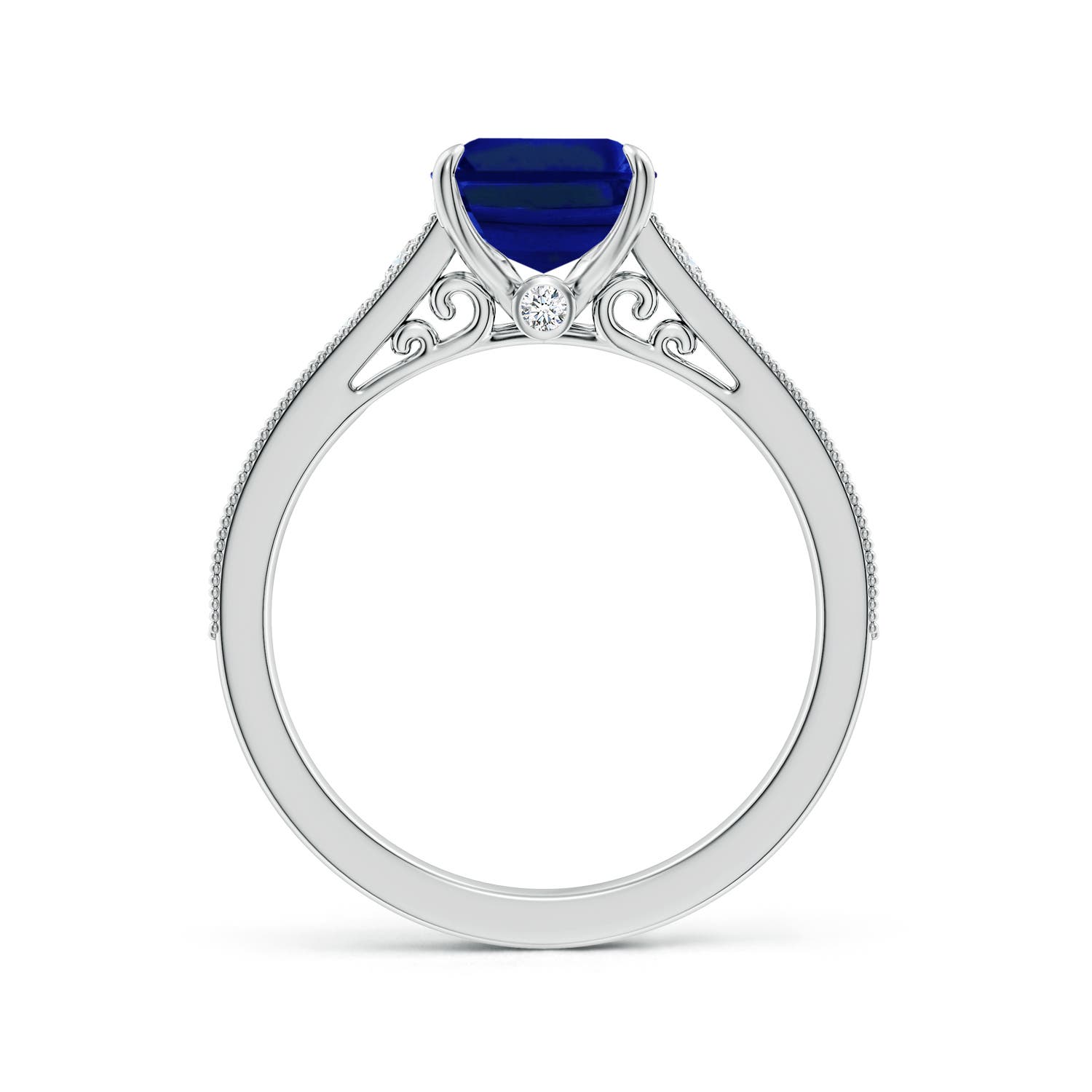 9x7mm AAAA Vintage Inspired Emerald-Cut Blue Sapphire Engagement Ring with Milgrain in 18K White Gold