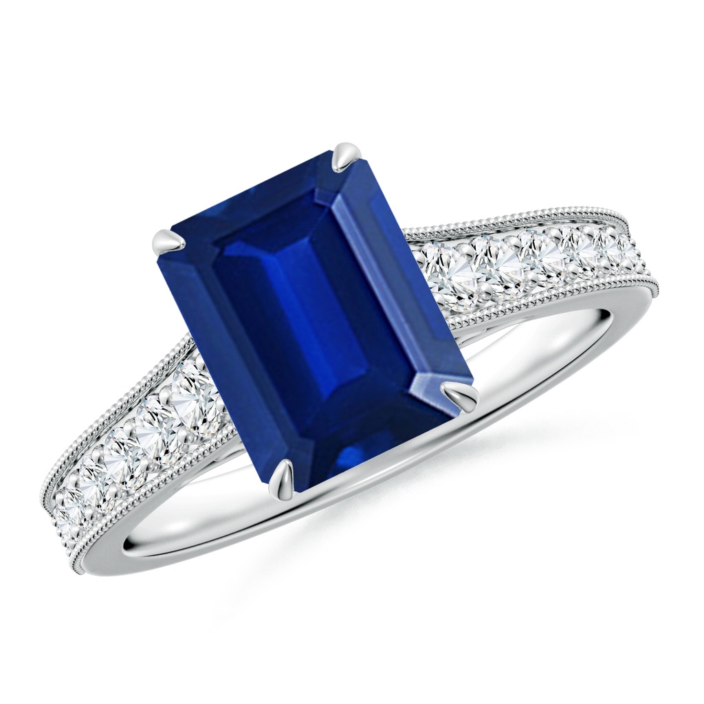 9x7mm Lab-Grown Vintage Inspired Emerald-Cut Blue Sapphire Engagement Ring with Milgrain in White Gold