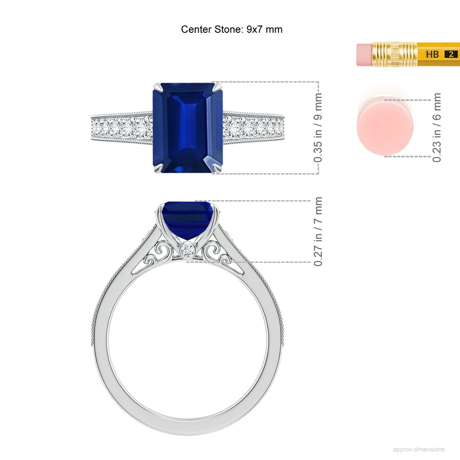 9x7mm Lab-Grown Vintage Inspired Emerald-Cut Blue Sapphire Engagement Ring with Milgrain in White Gold ruler