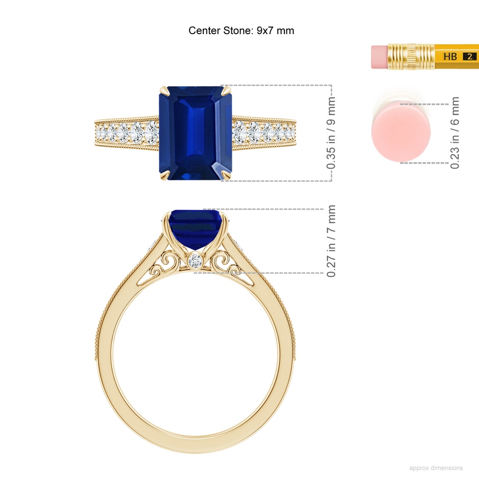 9x7mm Lab-Grown Vintage Inspired Emerald-Cut Blue Sapphire Engagement Ring with Milgrain in Yellow Gold ruler