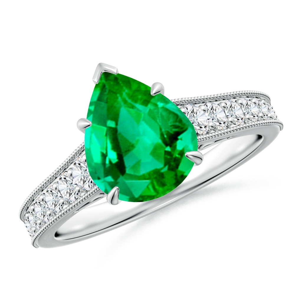 10x8mm AAA Vintage Inspired Pear-Shaped Emerald Engagement Ring with Milgrain in White Gold