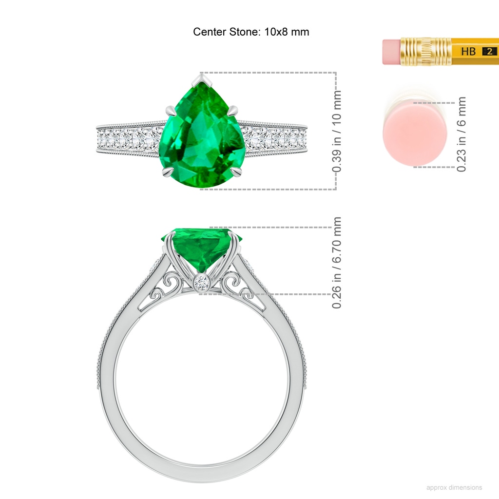 10x8mm AAA Vintage Inspired Pear-Shaped Emerald Engagement Ring with Milgrain in White Gold ruler