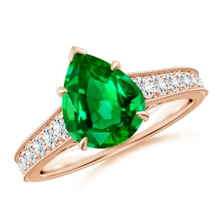 10x8mm AAAA Vintage Inspired Pear-Shaped Emerald Engagement Ring with Milgrain in Rose Gold