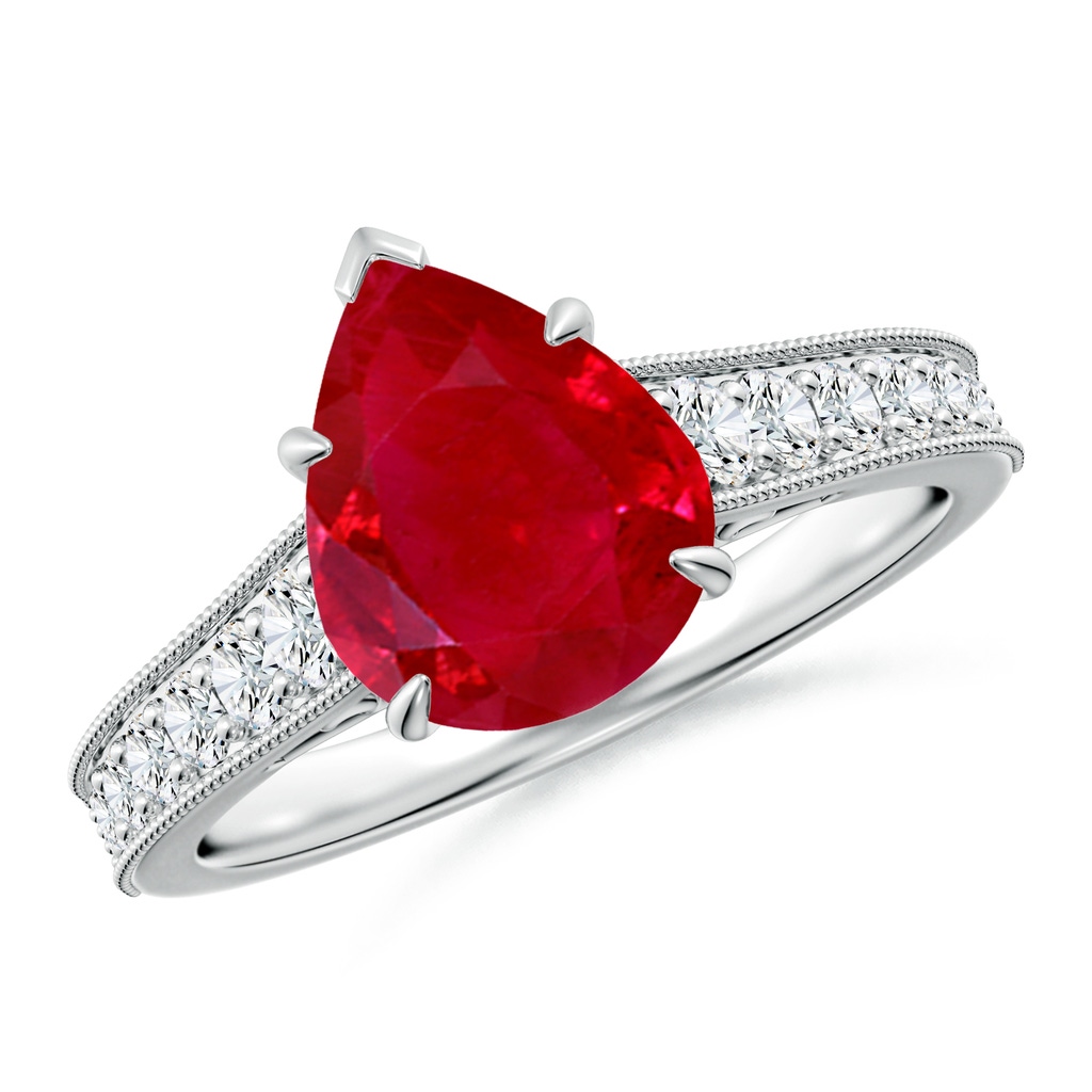 10x8mm AAA Vintage Inspired Pear-Shaped Ruby Engagement Ring with Milgrain in White Gold