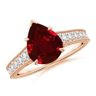 10x8mm AAAA Vintage Inspired Pear-Shaped Ruby Engagement Ring with Milgrain in Rose Gold