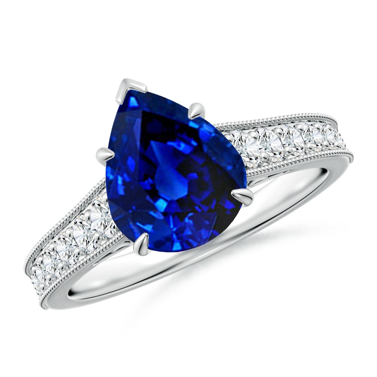 10x8mm AAAA Vintage Inspired Pear-Shaped Blue Sapphire Engagement Ring with Milgrain in 18CT White Gold
