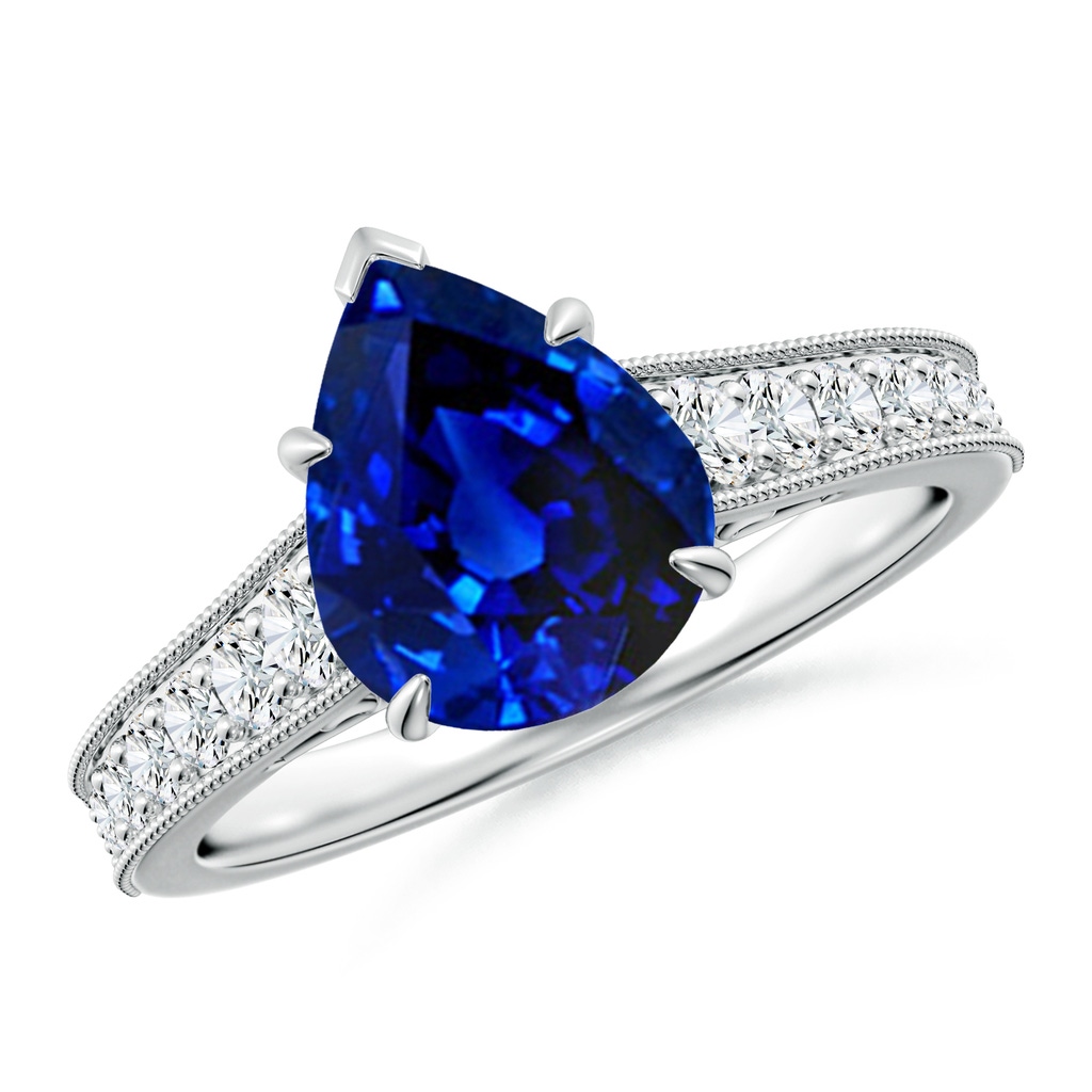 10x8mm Lab-Grown Vintage Inspired Pear-Shaped Blue Sapphire Engagement Ring with Milgrain in White Gold