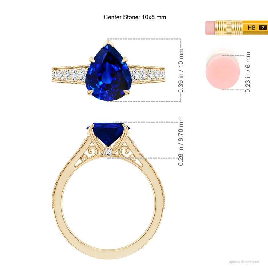 10x8mm Lab-Grown Vintage Inspired Pear-Shaped Blue Sapphire Engagement Ring with Milgrain in Yellow Gold ruler