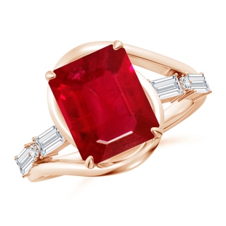 10x8mm AAA Vintage Inspired Emerald-Cut Ruby Bypass Shank Engagement Ring in 10K Rose Gold