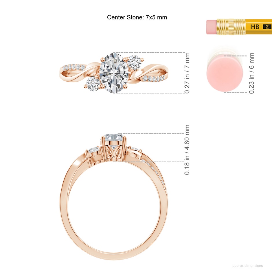 7x5mm HSI2 Nature Inspired Oval Diamond Twisted Vine Engagement Ring in Rose Gold ruler