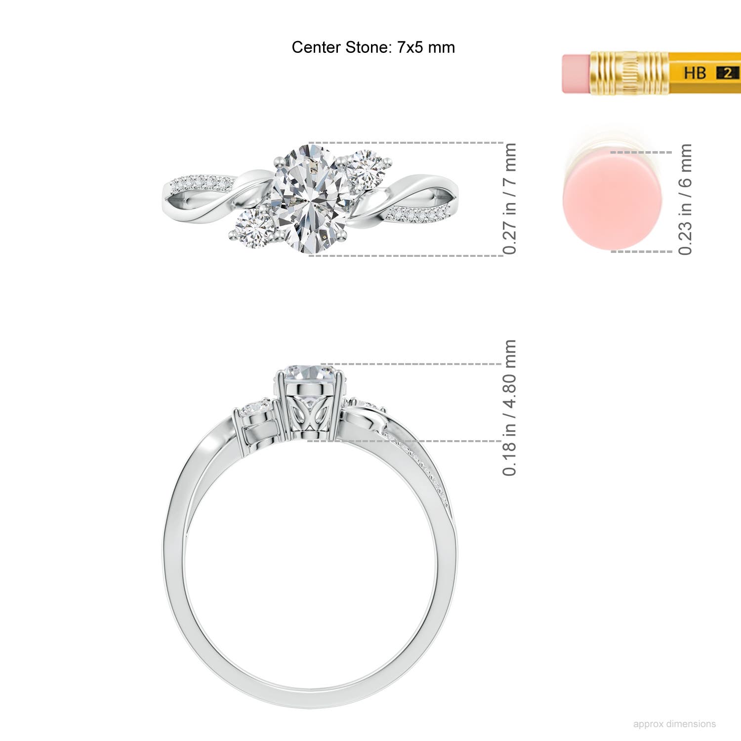 7x5mm HSI2 Nature Inspired Oval Diamond Twisted Vine Engagement Ring in White Gold - ruler