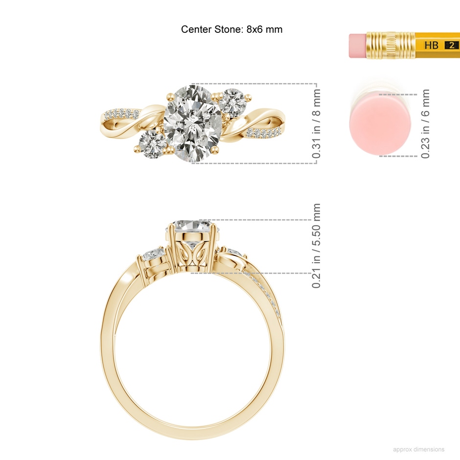 8x6mm KI3 Nature Inspired Oval Diamond Twisted Vine Engagement Ring in Yellow Gold ruler