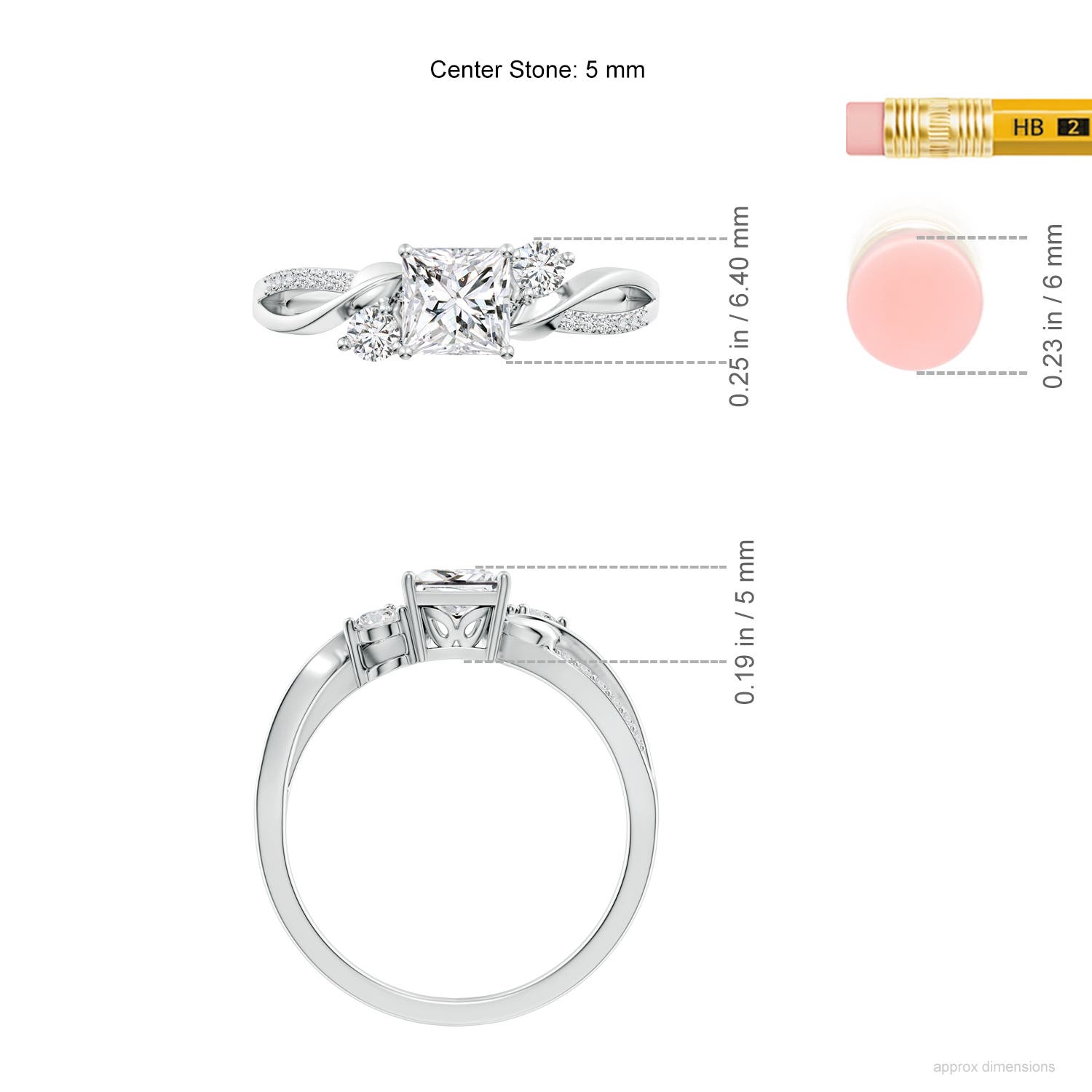 5mm HSI2 Nature Inspired Princess-Cut Diamond Twisted Vine Engagement Ring in White Gold - ruler
