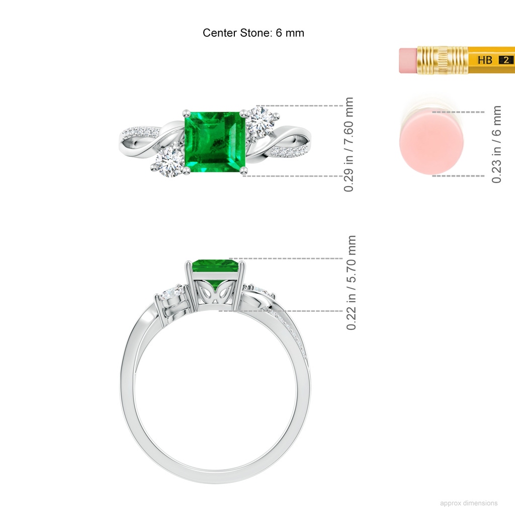 6mm AAA Nature Inspired Square Emerald Twisted Vine Engagement Ring in White Gold ruler