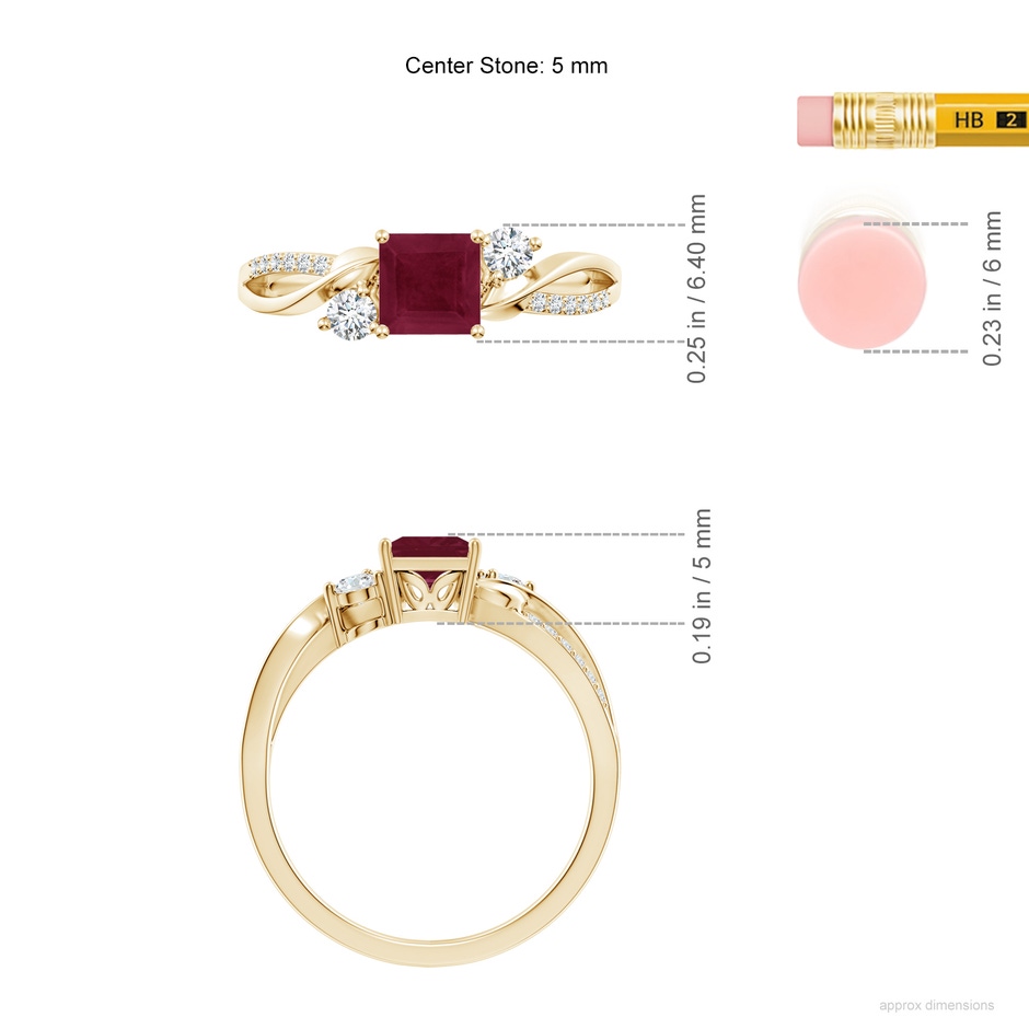 5mm A Nature Inspired Square Ruby Twisted Vine Engagement Ring in Yellow Gold ruler