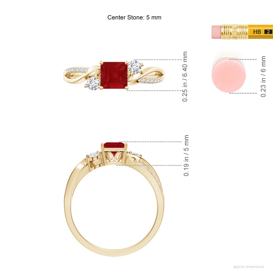 5mm AA Nature Inspired Square Ruby Twisted Vine Engagement Ring in Yellow Gold ruler
