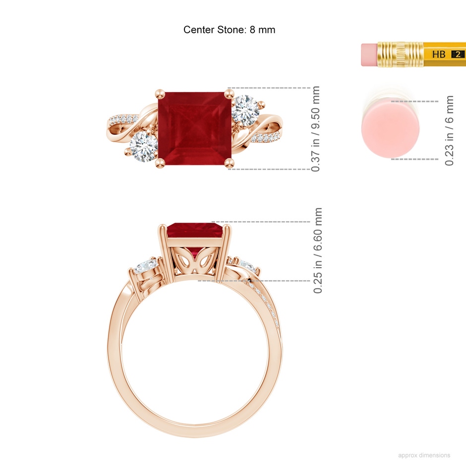 8mm AA Nature Inspired Square Ruby Twisted Vine Engagement Ring in Rose Gold ruler