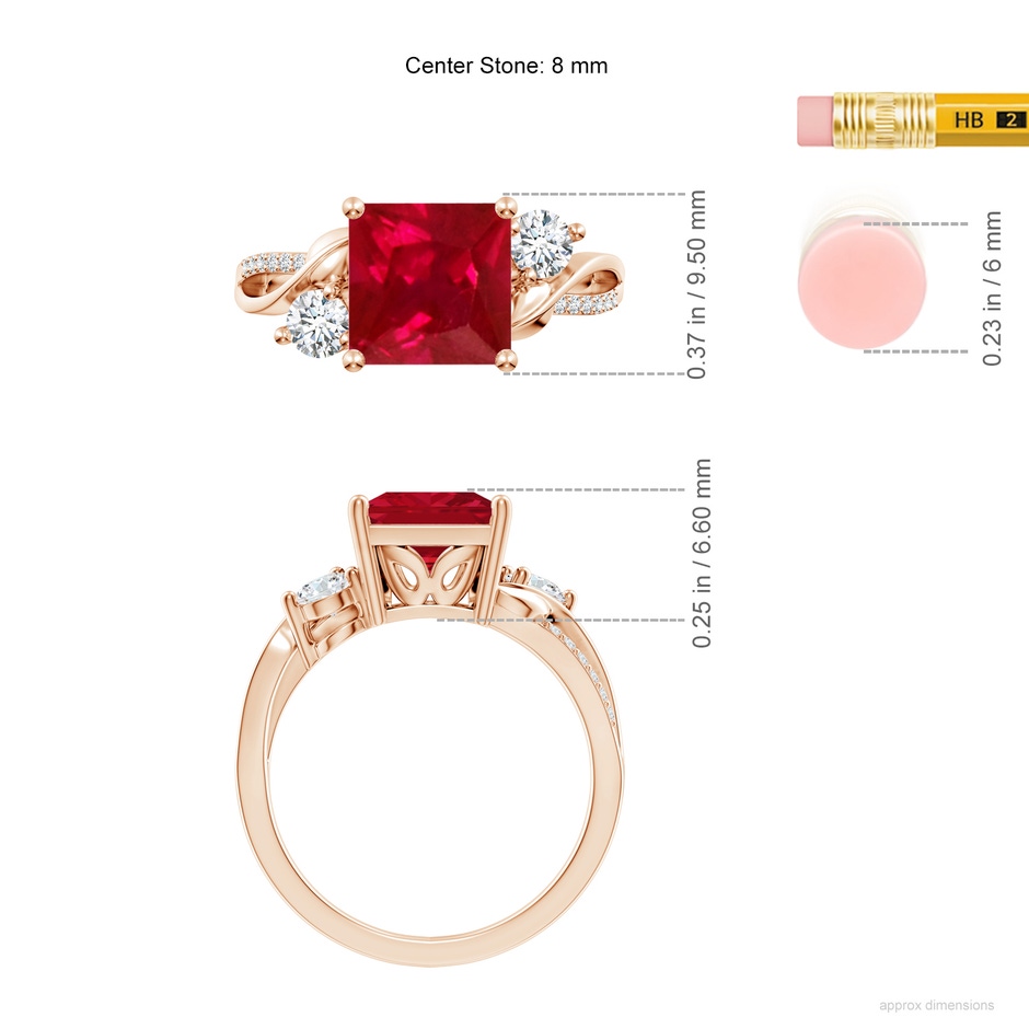 8mm AAA Nature Inspired Square Ruby Twisted Vine Engagement Ring in 18K Rose Gold ruler