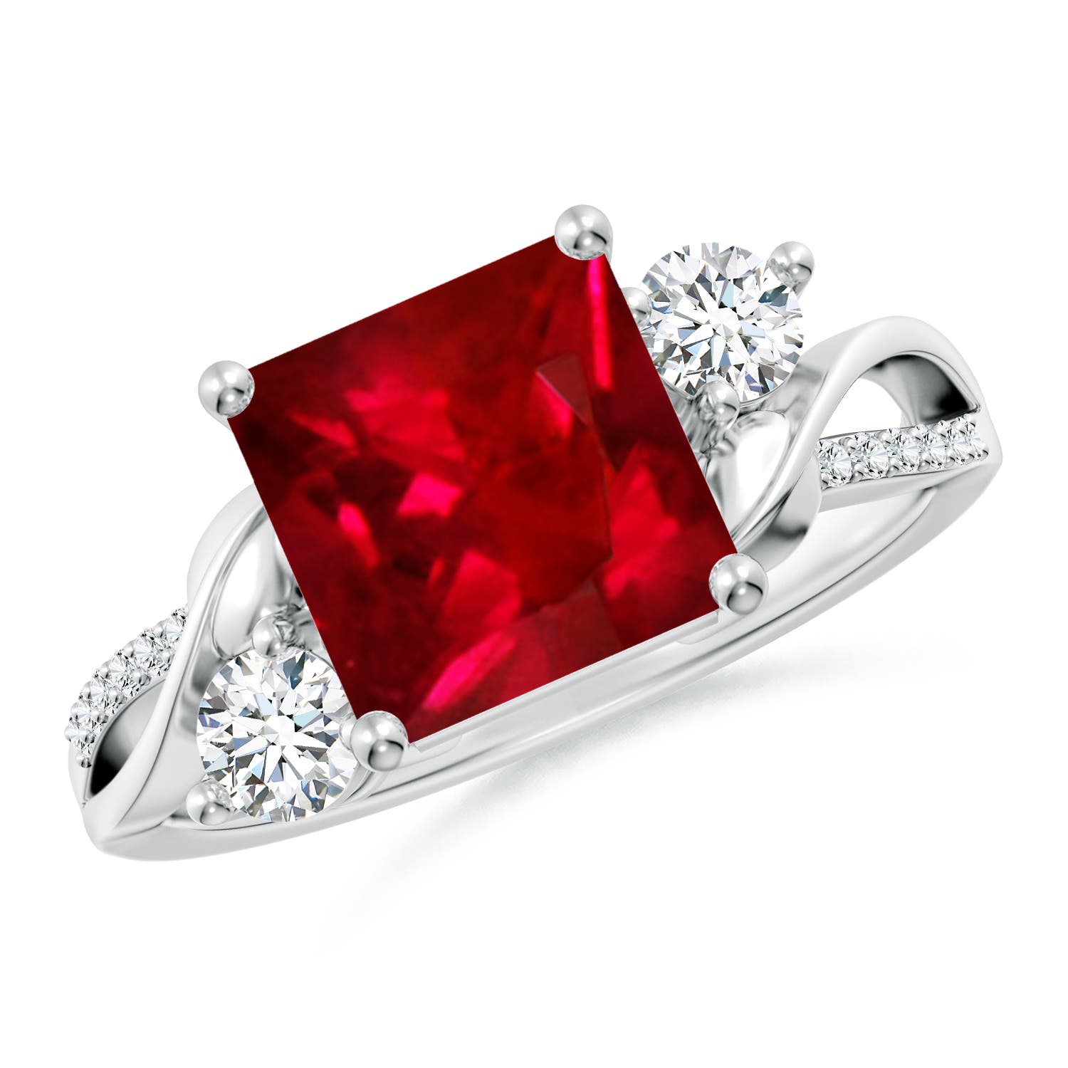 Angara 2.48 CTW Nature Inspired Square Ruby Twisted Vine Engagement Ring in 14K White Gold