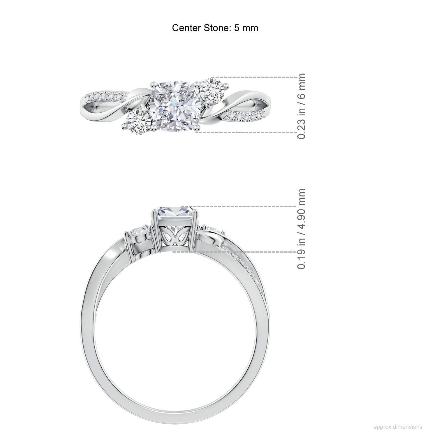 5mm HSI2 Nature Inspired Cushion Diamond Twisted Vine Engagement Ring in White Gold - ruler