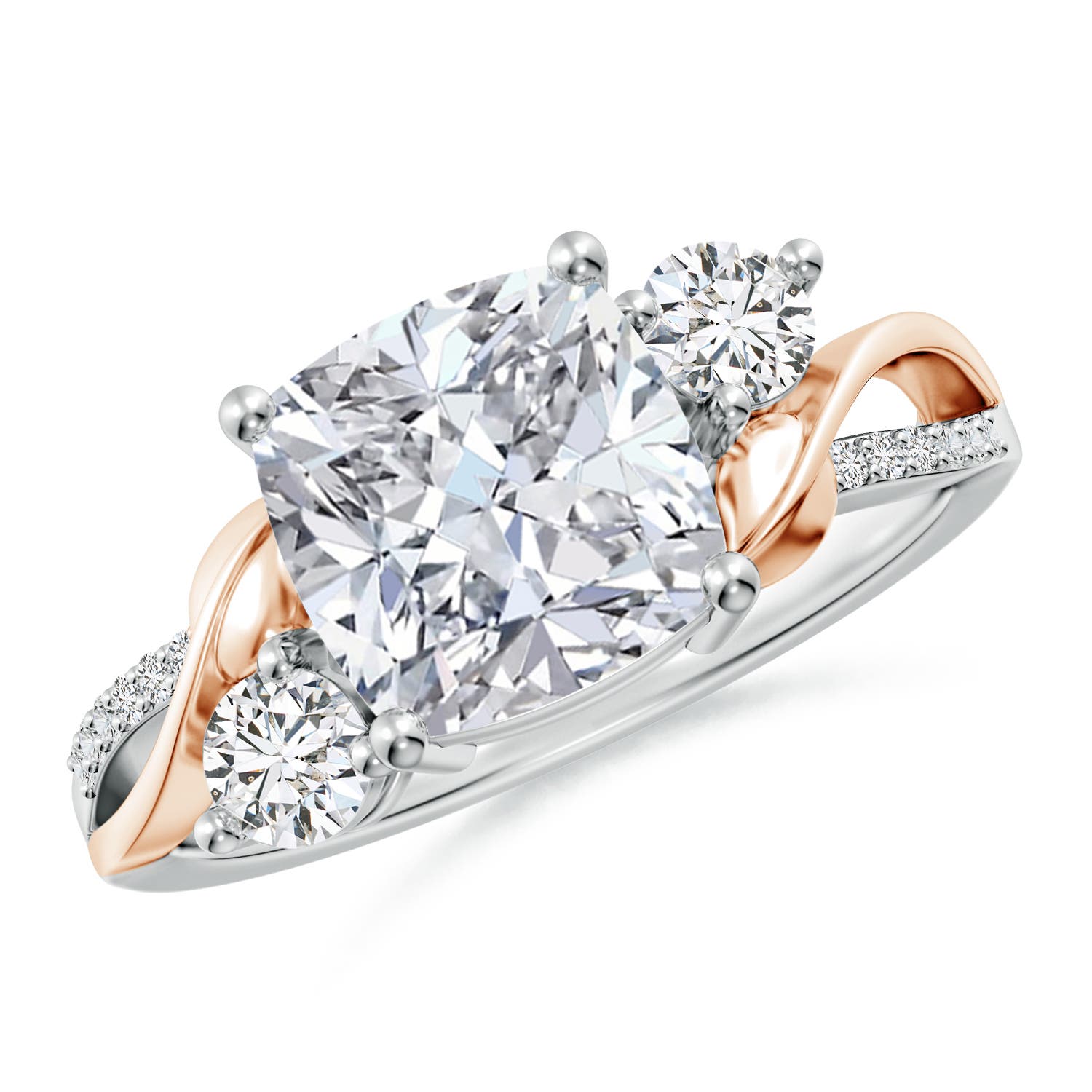 Angara 3.38 CTW Nature Inspired Cushion Diamond Twisted Vine Engagement Ring in 18K White & Rose Gold