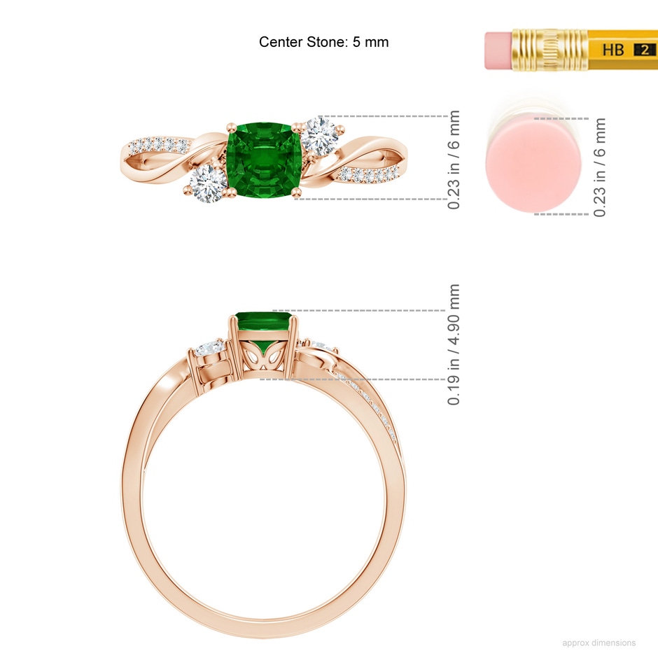 5mm AAAA Nature Inspired Cushion Emerald Twisted Vine Engagement Ring in Rose Gold ruler