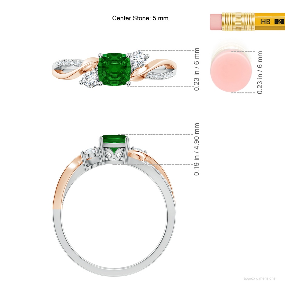 5mm AAAA Nature Inspired Cushion Emerald Twisted Vine Engagement Ring in White Gold Rose Gold ruler