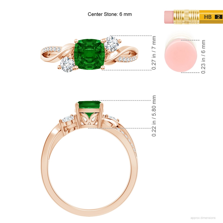 6mm AAAA Nature Inspired Cushion Emerald Twisted Vine Engagement Ring in Rose Gold ruler