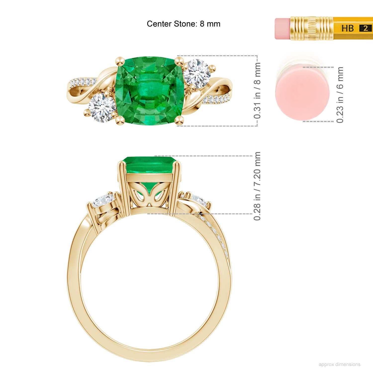8mm AAA Nature Inspired Cushion Emerald Twisted Vine Engagement Ring in 18K Yellow Gold - ruler