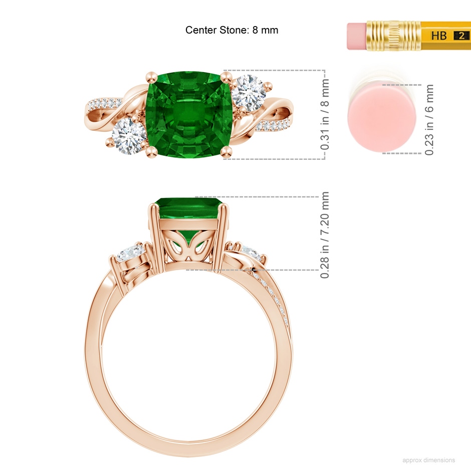 8mm AAAA Nature Inspired Cushion Emerald Twisted Vine Engagement Ring in Rose Gold ruler