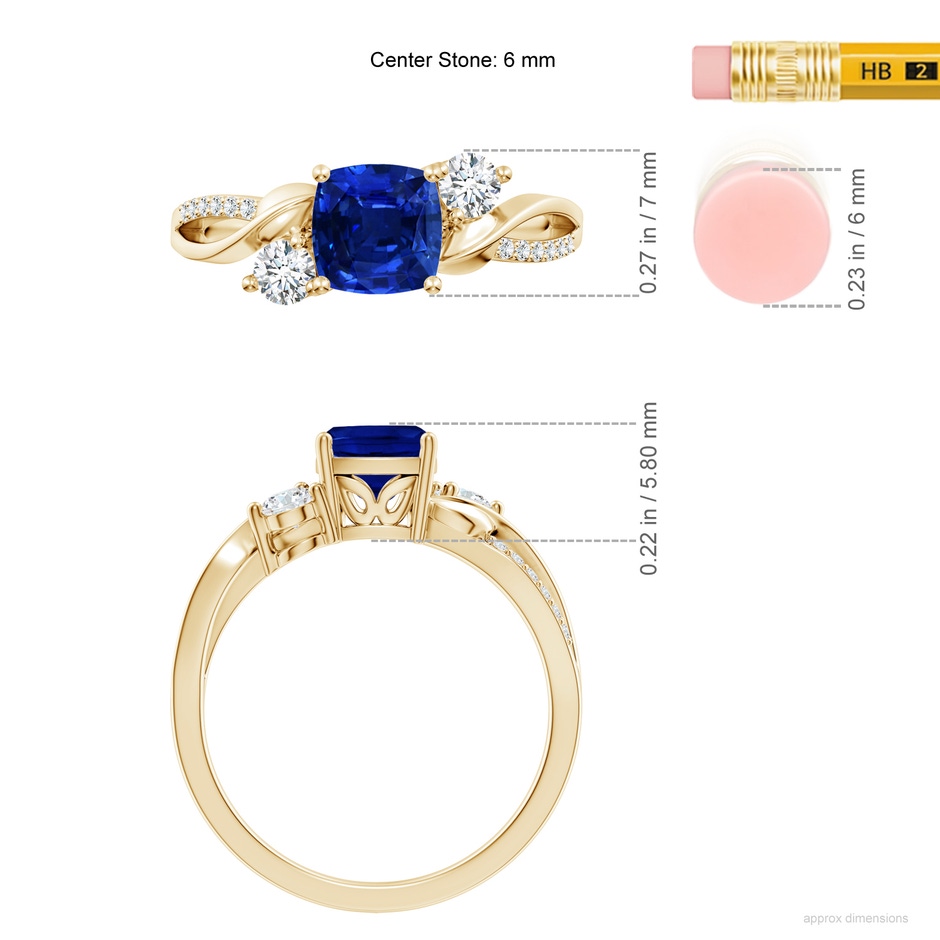 6mm AAAA Nature Inspired Cushion Blue Sapphire Twisted Vine Engagement Ring in 18K Yellow Gold ruler