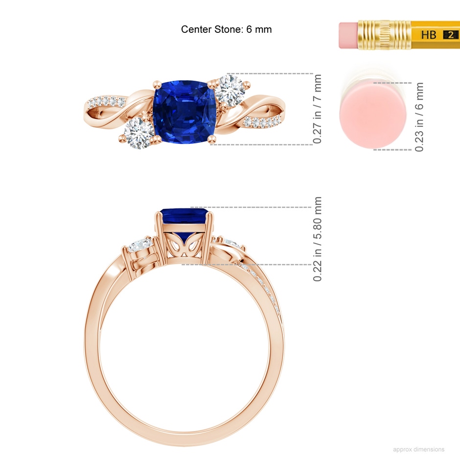 6mm AAAA Nature Inspired Cushion Blue Sapphire Twisted Vine Engagement Ring in Rose Gold ruler