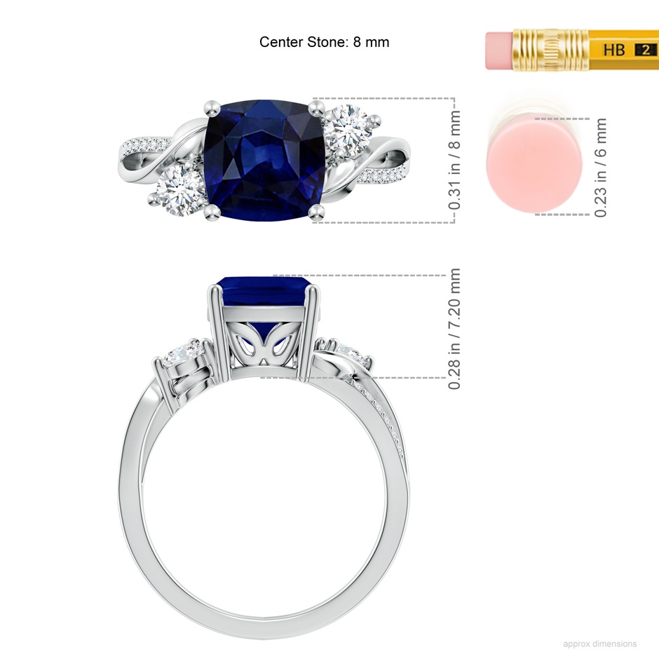8mm AAA Nature Inspired Cushion Blue Sapphire Twisted Vine Engagement Ring in 18K White Gold ruler