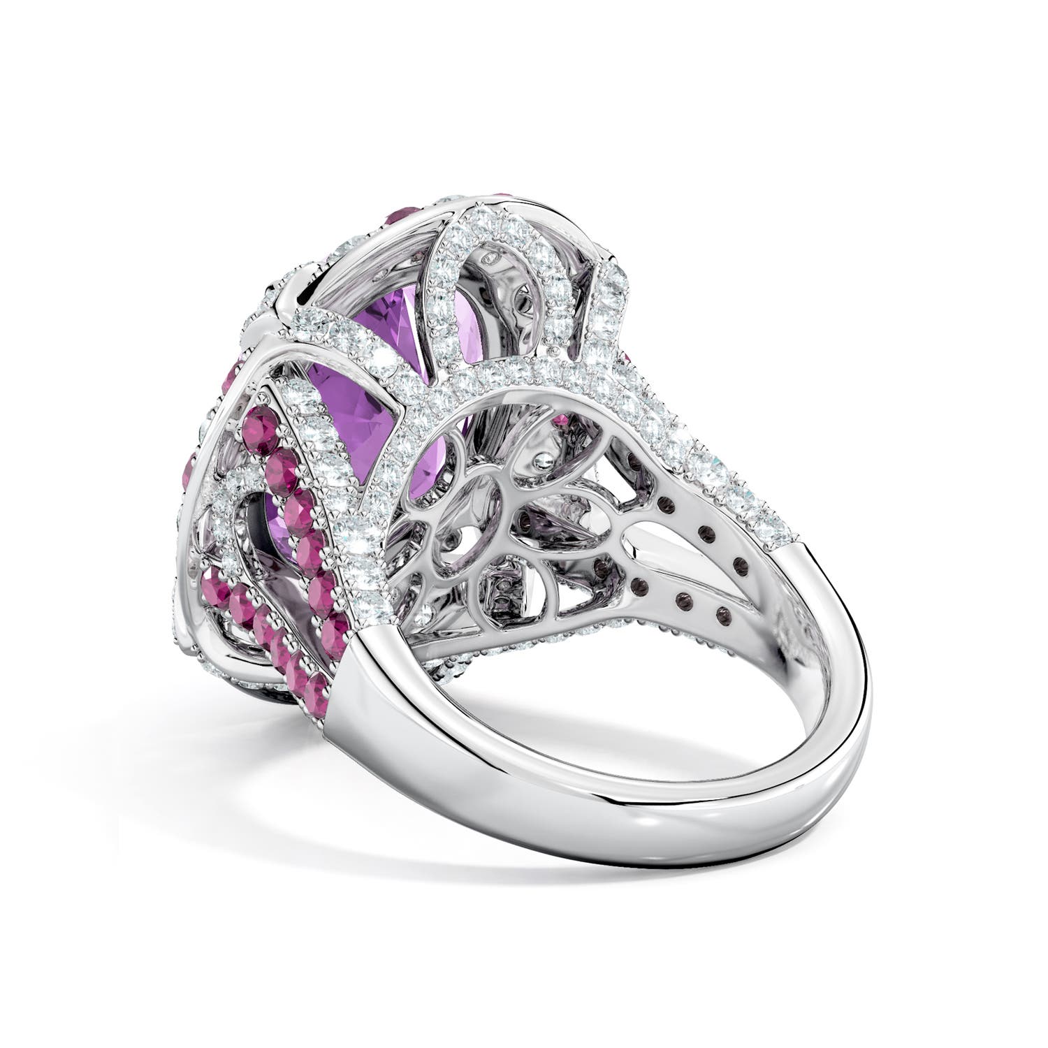 16x12mm AAA Cherry Blossom Double Halo Ring in White Gold - side 6