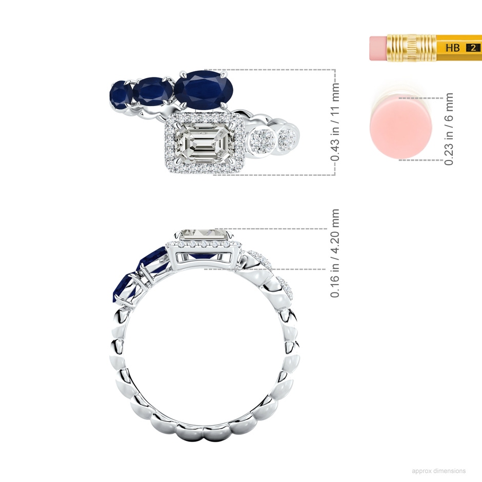 6x4mm A Oval Blue Sapphire and Emerald-Cut Diamond Open Ring in White Gold ruler