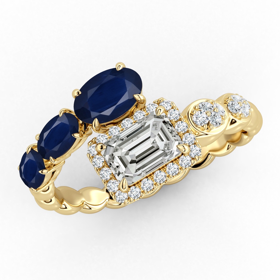 6x4mm A Oval Blue Sapphire and Emerald-Cut Diamond Open Ring in Yellow Gold 